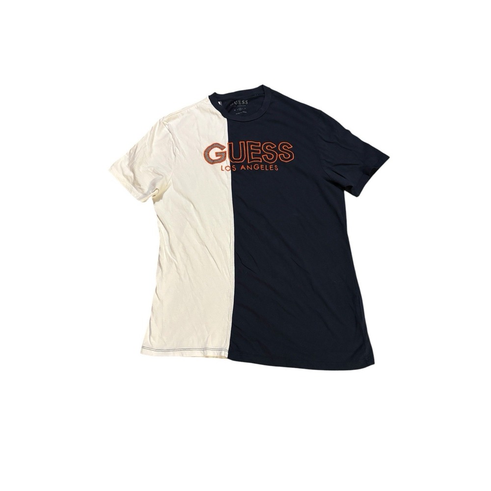 Guess Colorblock Graphic Tee White Blue Mens Size Medium Spellout Embroidered